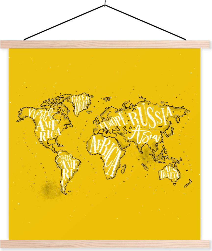 MuchoWow Textilposter Weltkarte - Gelb - Weiß - Buchstaben 40x40 cm mit holzfarbenen Rahmen - Posterleiste