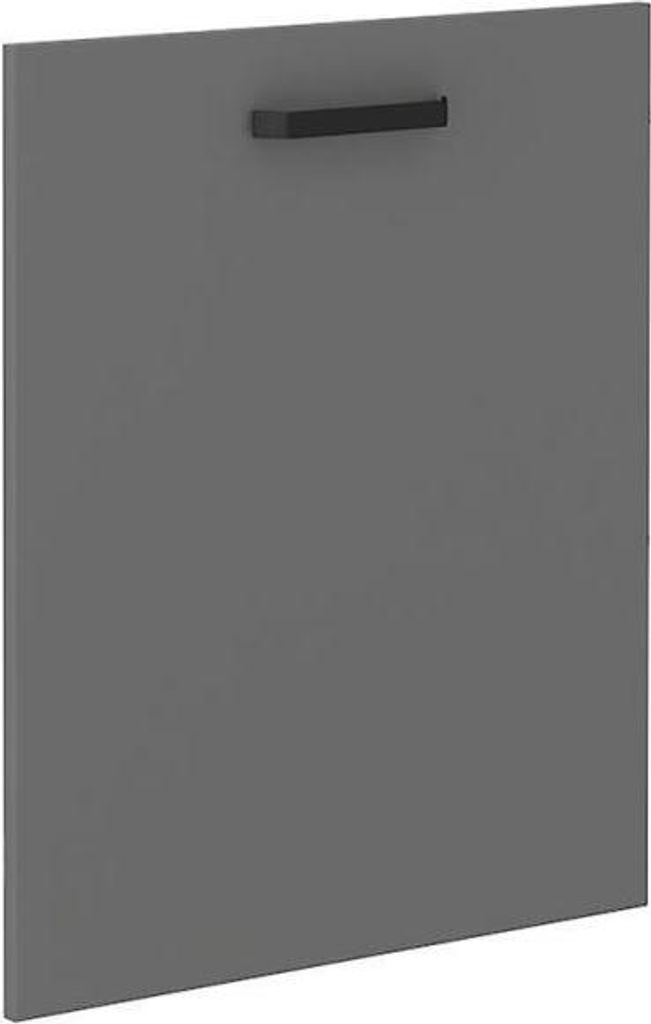 A close-up, studio shot of a gray cabinet door with a black handle.