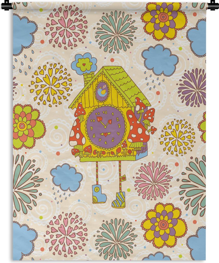MuchoWow Wandteppich Wandbehang Kuckucksuhr - Muster - Pilz - Blumen 90x120 cm Tapisserie Dekoration Wandtuch - Wanddeko