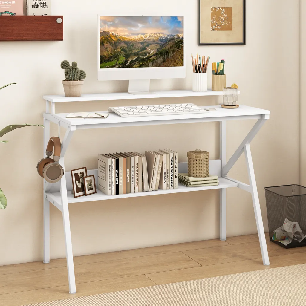 Table d'ordinateur 100x50cm pour petit espace - Bureau blanc avec rangements