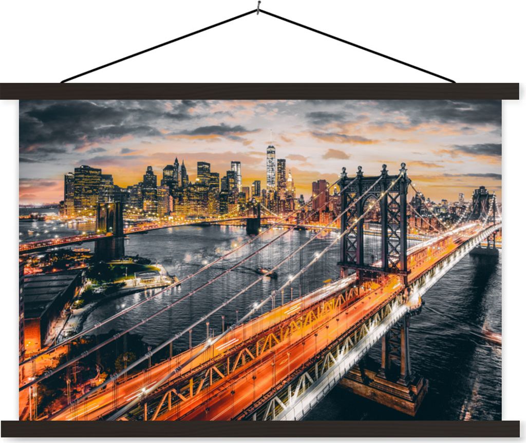 MuchoWow Textilposter New York - Sonnenuntergang - Orange 120x80 cm mit schwarzem Rahmen - Wanddeko