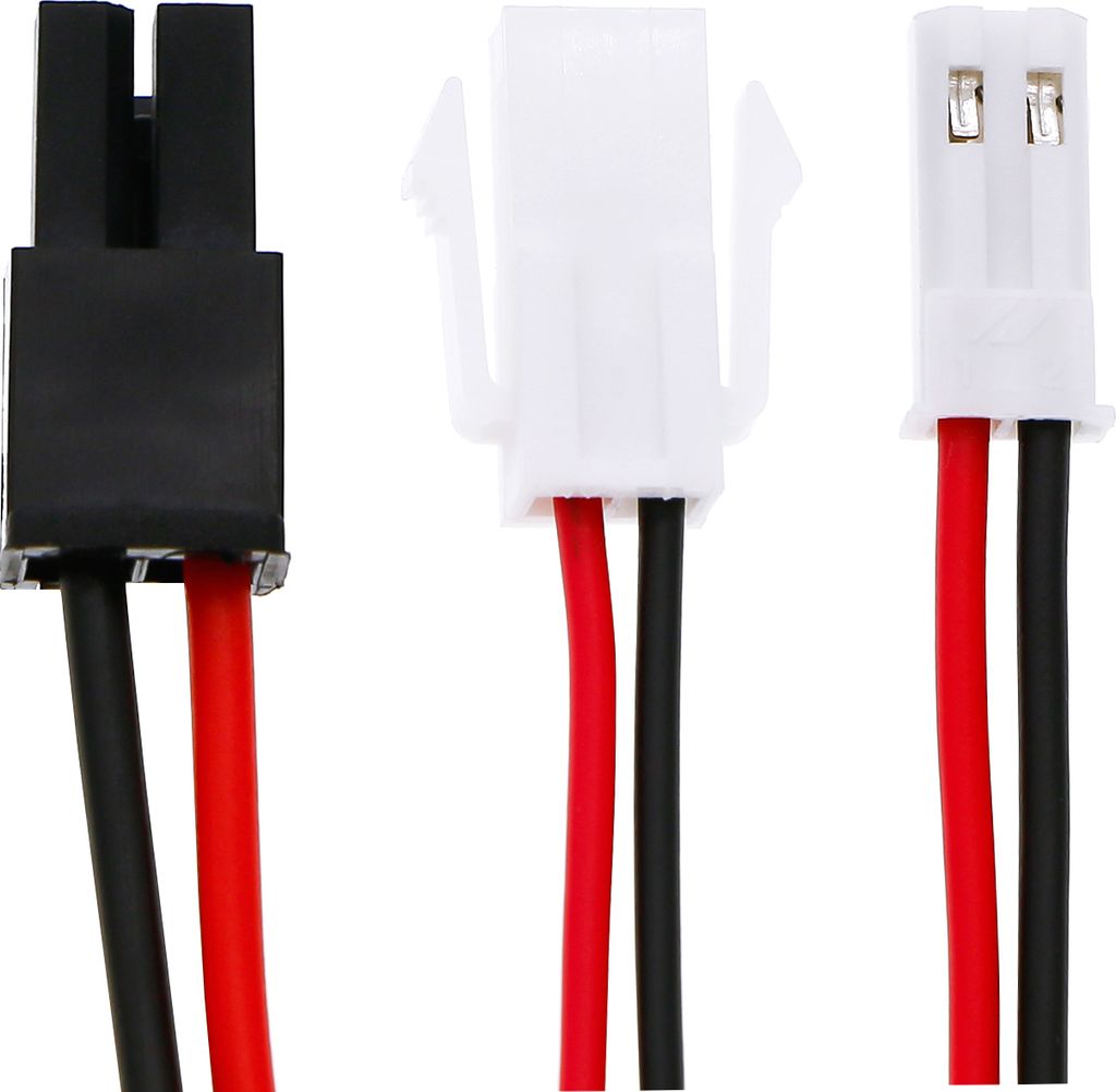 Three different electrical connectors with red and black wires.