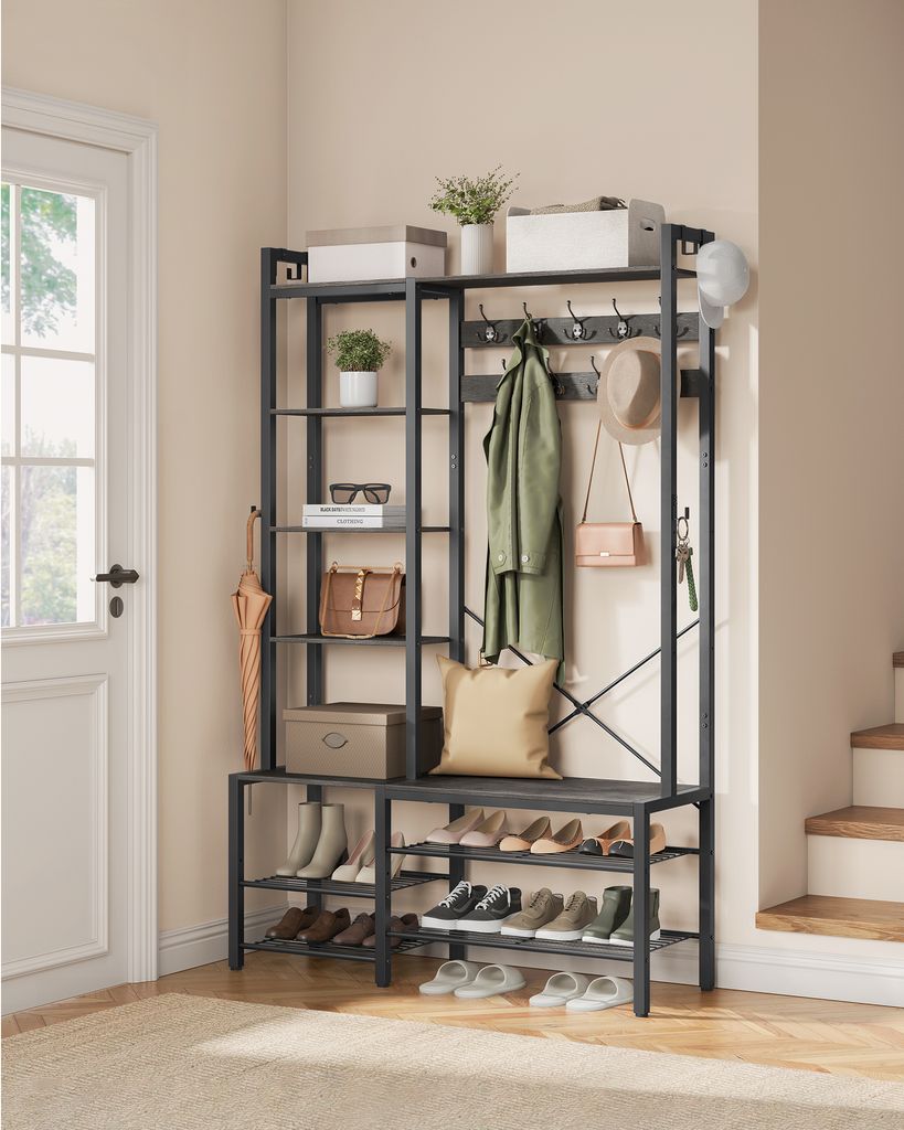 An entryway furniture set with a coat rack, shoe bench, and shelves.