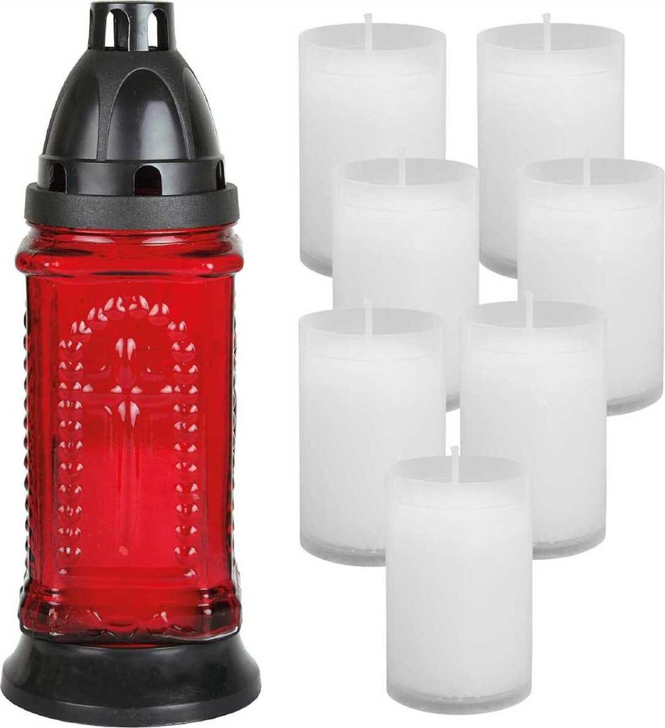 Grablicht Glas in rot mit ca. 30h Brenndauer inkl. 8 Kerzen Produktbild 