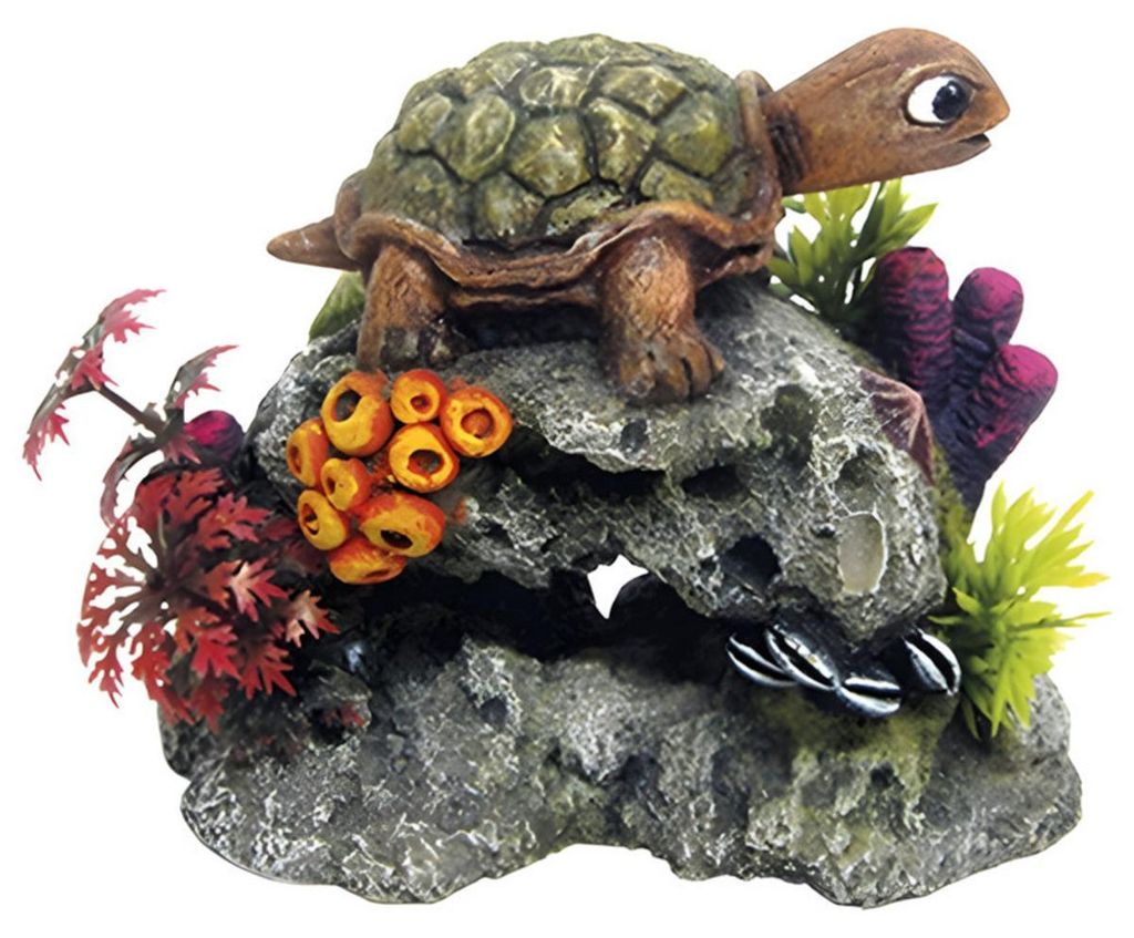 Ornamenti Aqua "TURTLE ON A ROCK" con piante 13,5 x 8,5 x Immagine del prodotto 