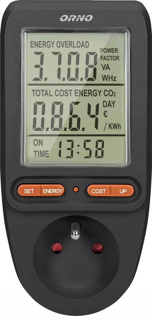 A digital electricity meter plugged into an outlet, displaying energy consumption data on its screen.