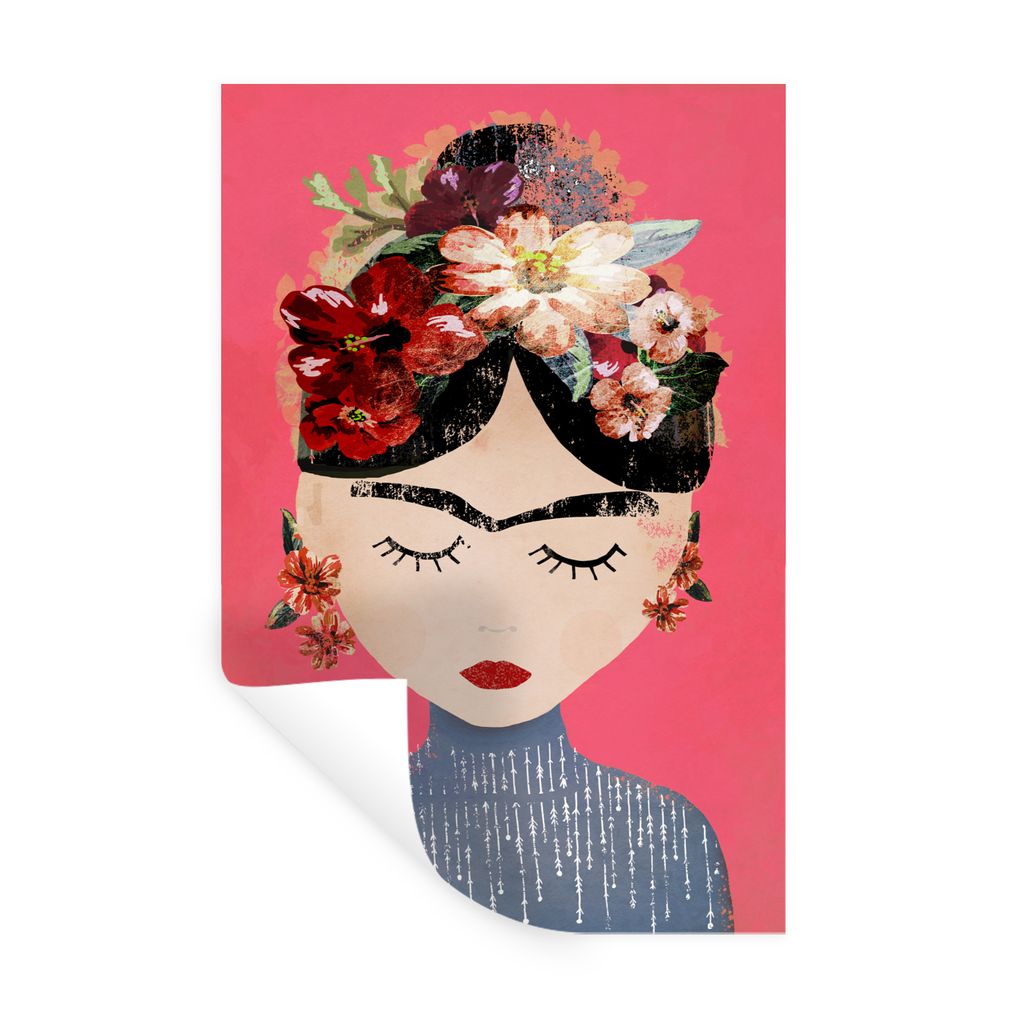 MuchoWow Wandtattoo Wandsticker Wandaufkleber Frida Kahlo - Frau - Vintage - Blumen - Kunst 20x30 cm Selbstklebend und Repositionierbar - Sticker...