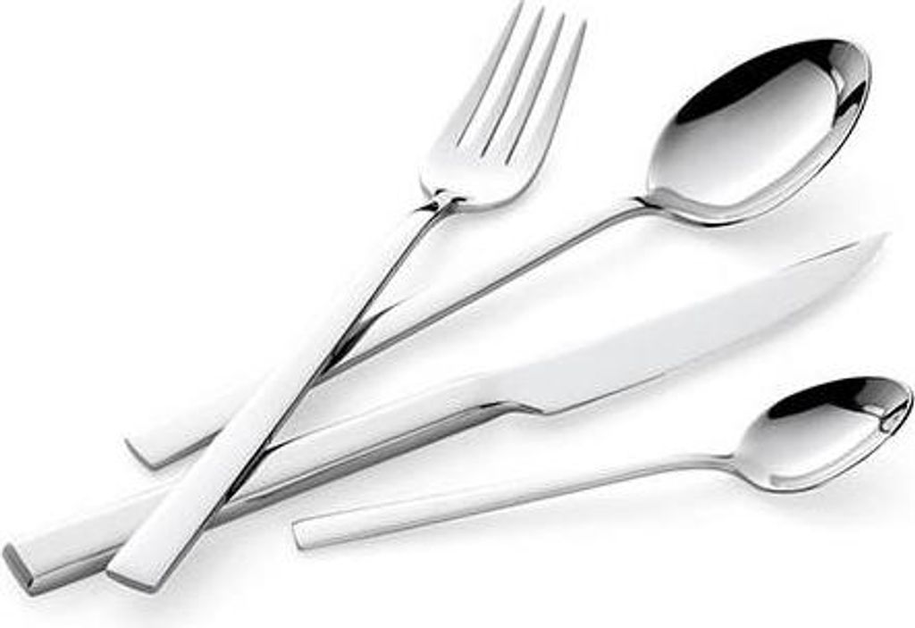 A set of silverware, including a fork, a large spoon, a knife, and a small spoon, arranged diagonally on a white background.