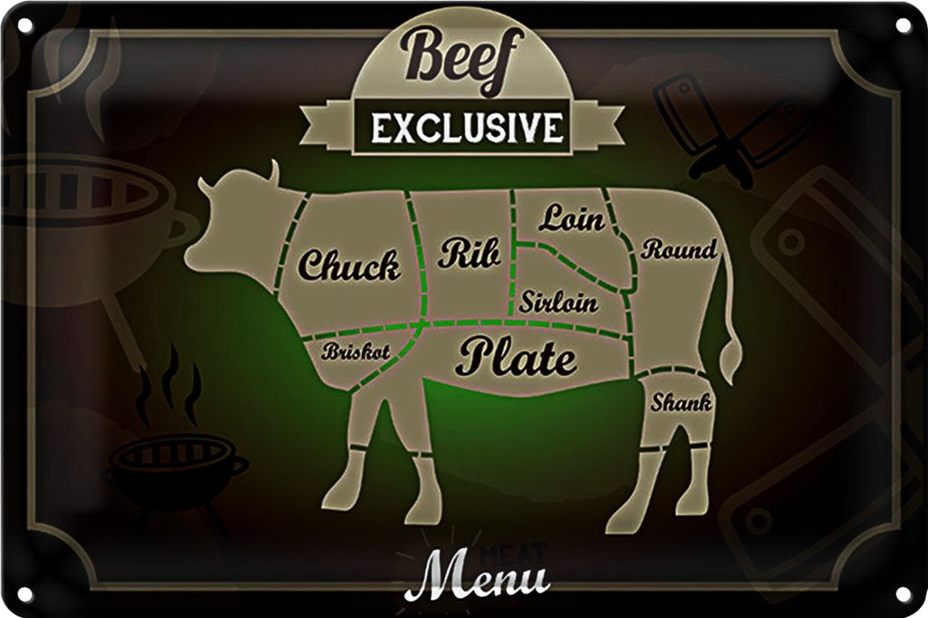 Blechschild Fleisch 40x30cm Schnitte Beef exklusive Menü