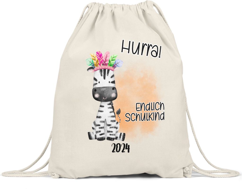 Endlich Schulkind 2024 Zebra Turnbeutel Schuleinführung Geschenk zur Einschulung Schulanfang