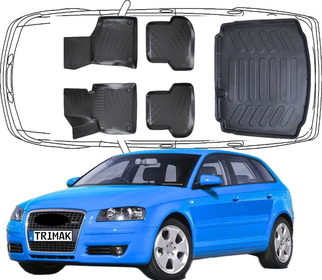 Fuß& Kofferraummatte Set Kompatibel mit Audi A3 8P Sportback 2003-2013