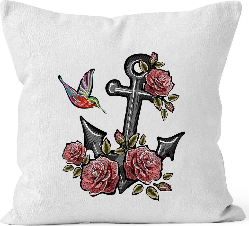 Kissenbezug Anker Rosen Vogel Kolibri Tropical Anchor Stick-Patch-Optik Kissen-Hülle Deko-Kissen Baumwolle Autiga weiß unisize