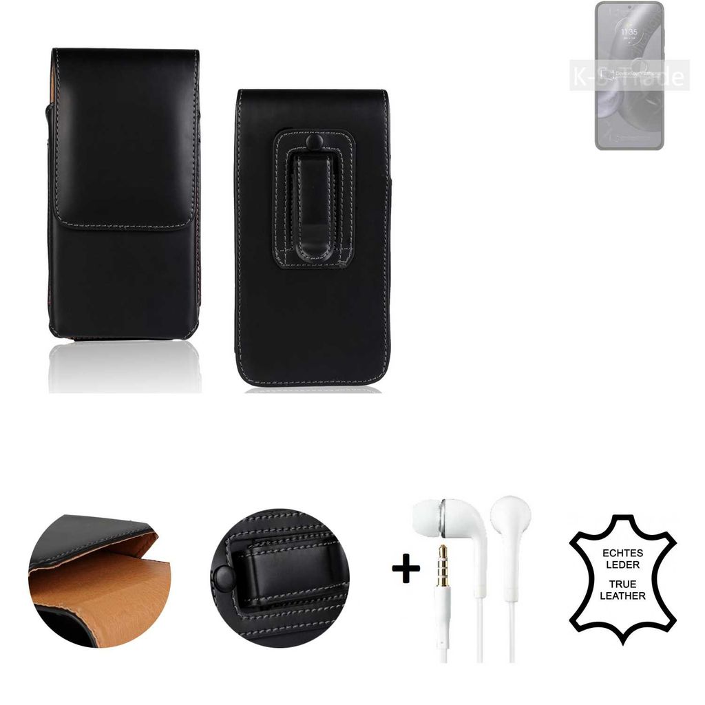K-S-Trade Leder Gürteltasche + Kopfhörer kompatibel mit Motorola Edge 30 Neo Seitentasche Belt pouch Holster Handyhülle Schutz Hülle Etui schwarz