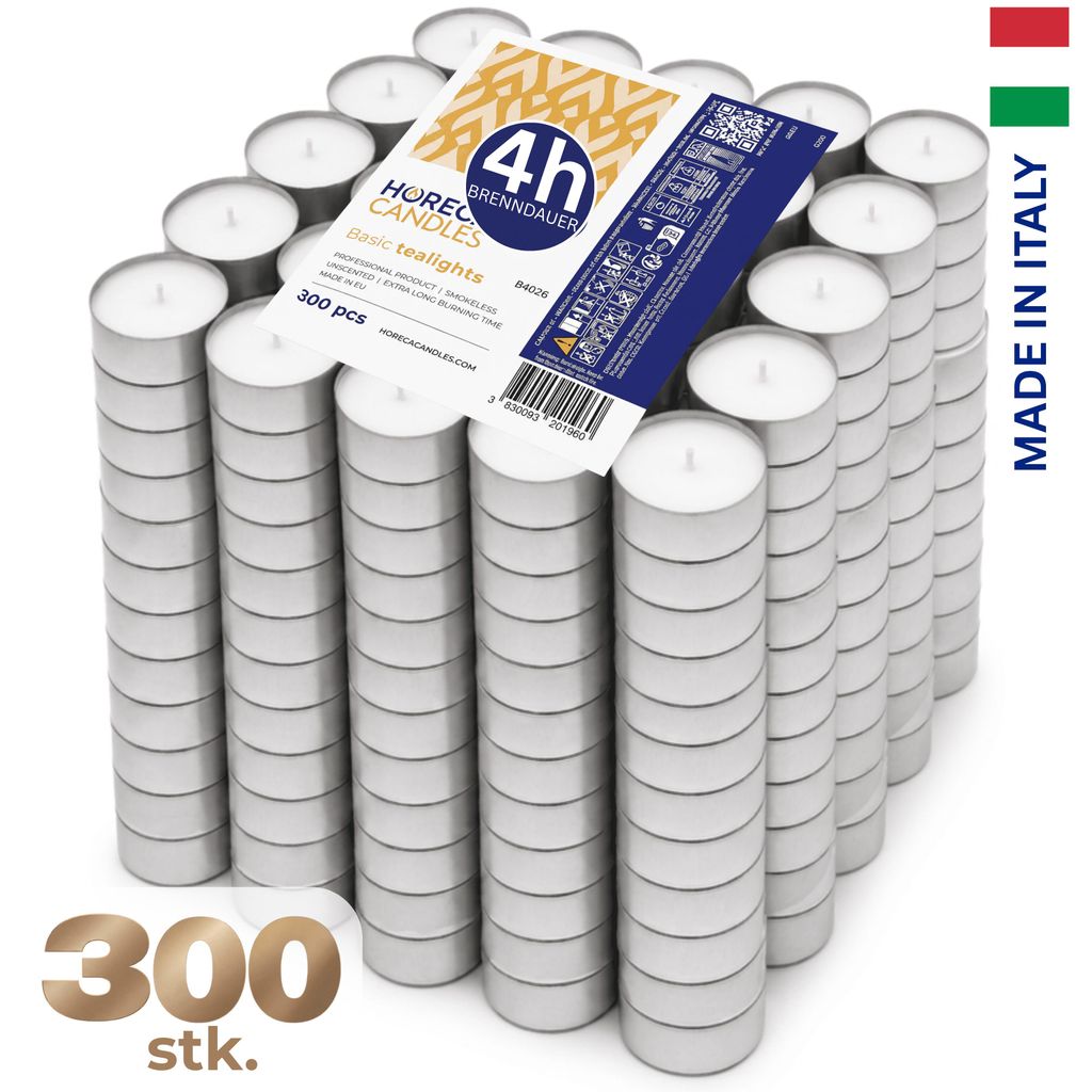 HORECA CANDLES Teelichter 300 Stück Weiß, 4h Brenndauer, Produktbild 