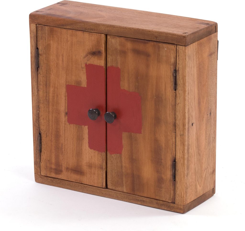 A wooden medicine cabinet with a red cross symbol on the front.