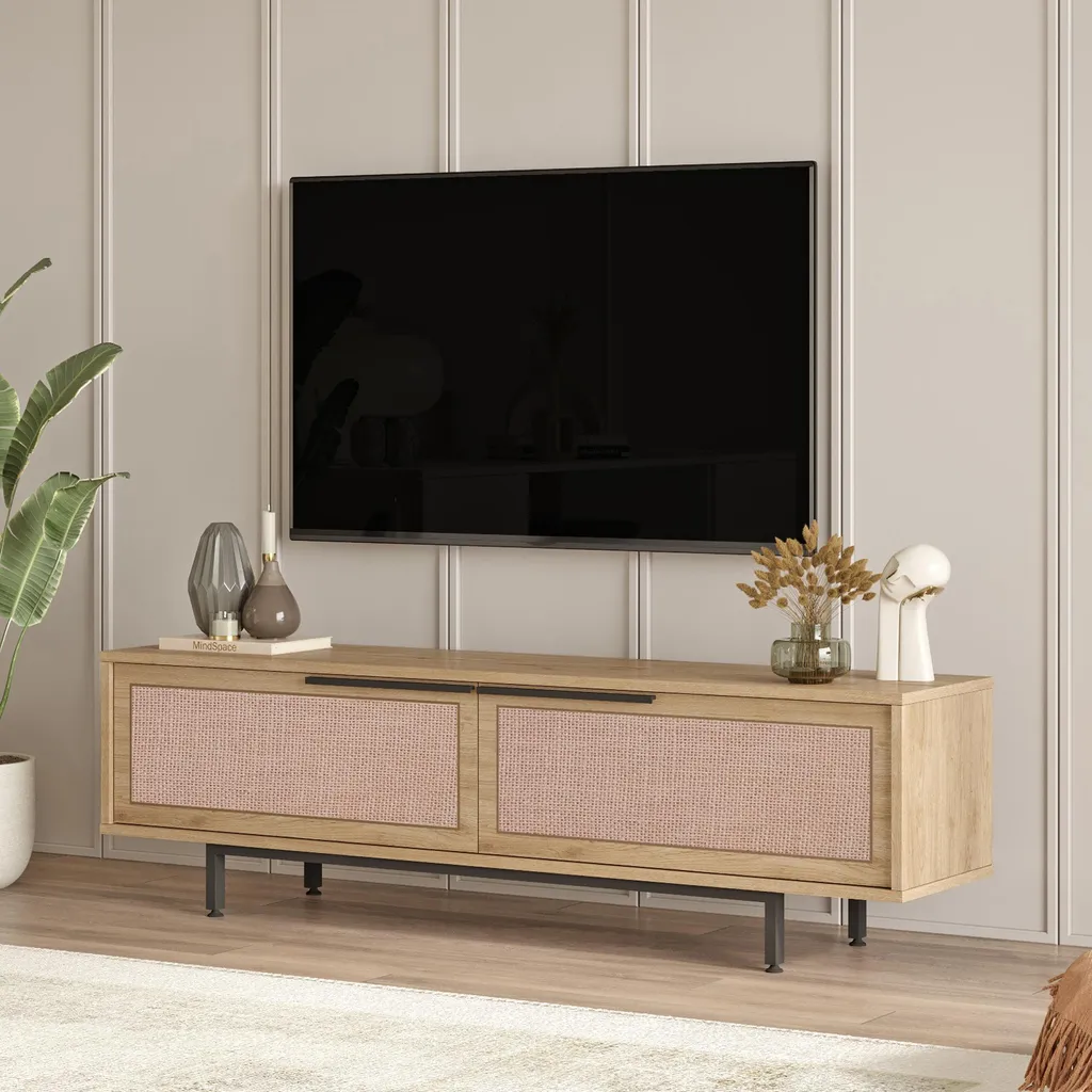 Banc TV avec Portes en Rotin 160 cm Coloris Chêne Clair Kvænangen