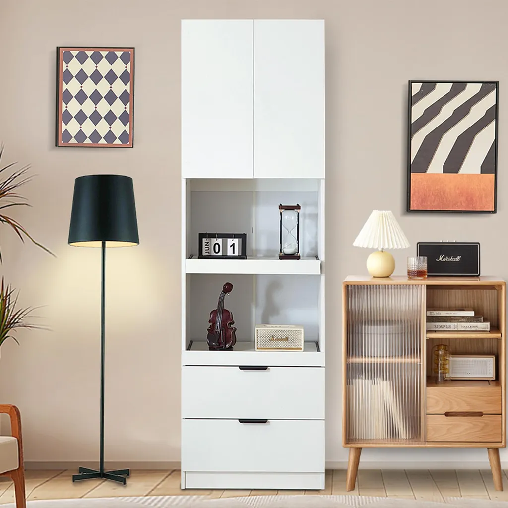 Armoire de cuisine 200cm avec niche micro-ondes, portes et tiroir blanc