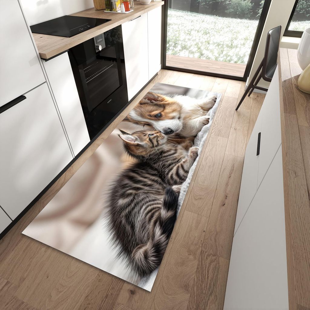 Küchenteppich 90x240cm rutschfest & abwischbar PVC Läufer - Welpe und Kätzchen