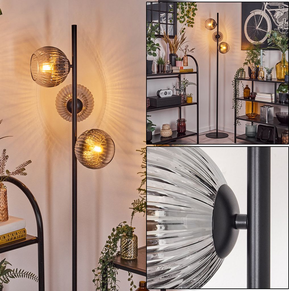 Cesaro Stehlampe aus Metall/Riffelglas in Schwarz/Rauch/Klar mit Fußschalter