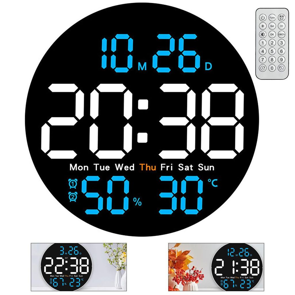 Digitale Wanduhr, 25.5 cm, mit Fernbedienung, LED-Anzeige, digitalem Wecker, automatischer Helligkeitsanpassung, Sommerzeitanzeige