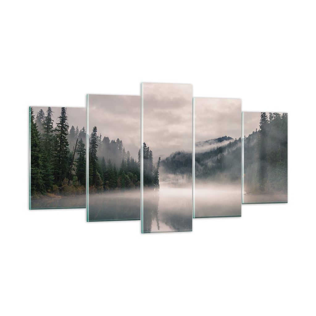Bilder auf glas - 5 Teile - Reflexion Nebel Landschaft - 160x85cm - Glasbilder - Wandbilder - Bilder - zum Aufhängen bereit - Wanddekoration aus G...