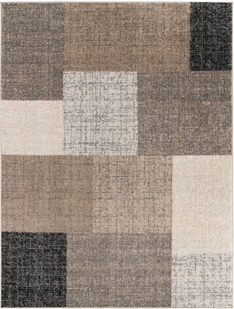 A flat lay of a rectangular rug with a geometric pattern of squares in various shades of brown, beige, cream, and black.