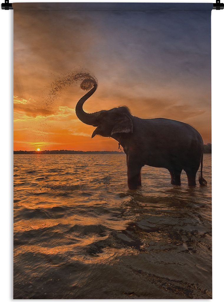 MuchoWow Wandteppich Wandbehang Elefant - Meer - Tiere - Sonnenuntergang - Orange 90x135 cm Tapisserie Dekoration Wandtuch - Baumwolle - Wandskul...