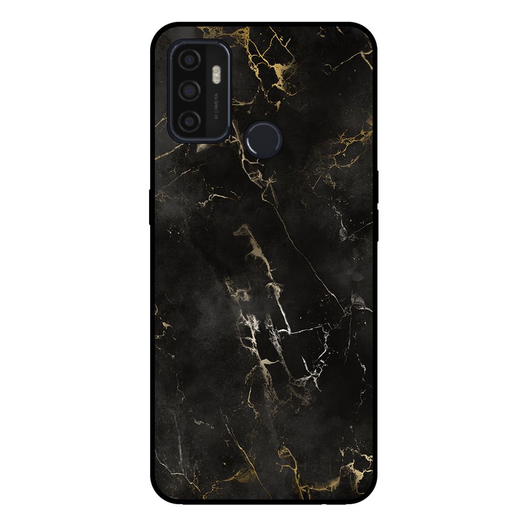 A smartphone case with a black and gold marble pattern.
