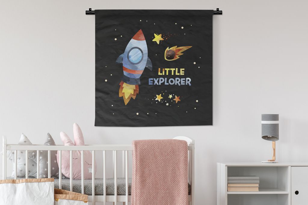 MuchoWow Wandteppich Wandbehang Sprichwörter - Weltraum - 'Kleiner Entdecker' - Zitate - Jungen - Kinder - Kind - Kinder 90x90 cm Tapisserie Dek...
