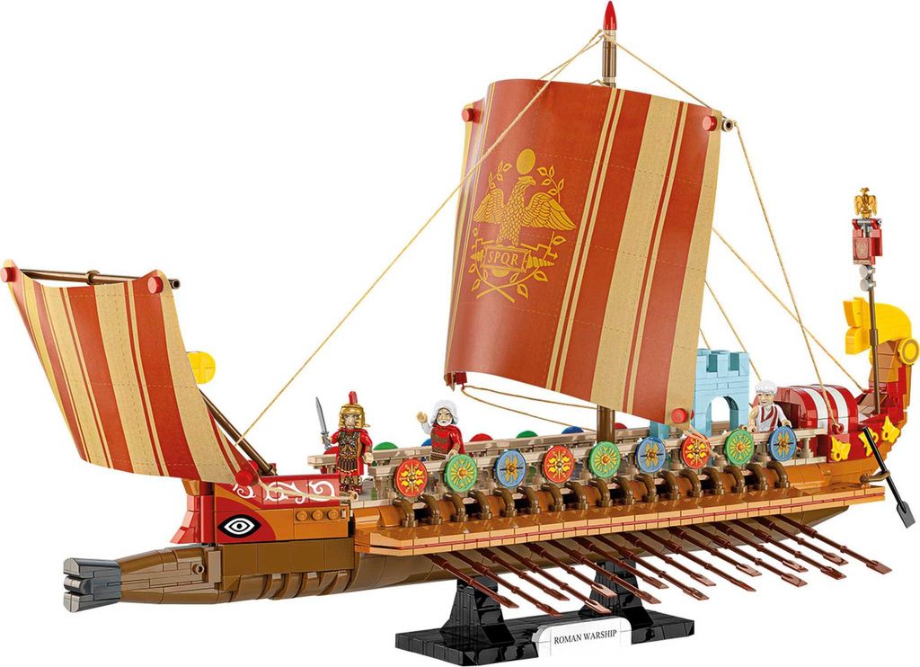 A detailed model of a Roman warship on a black display stand against a white background.