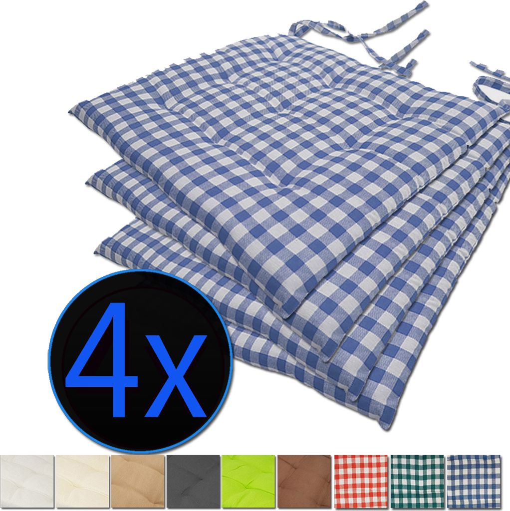 Stuhlkissen Nizza 38x38 cm 4er Pack Sitzkissen mit Steppung, Farbe:Karo-Blau