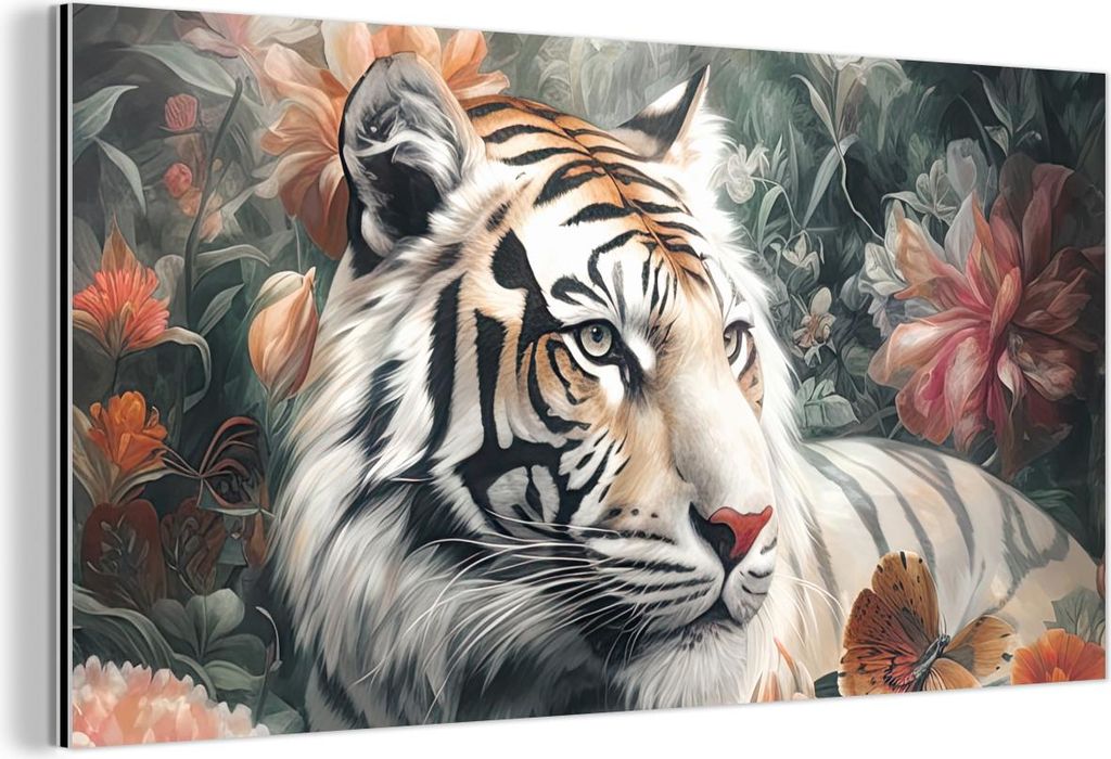 MuchoWow Wanddekoration Metall Metallbild Wandkunst 80x40 cm Tiger - Wildtiere - Blumen - Dschungel MuchoWow Aluminium Gemälde - Wanddekoration - ...