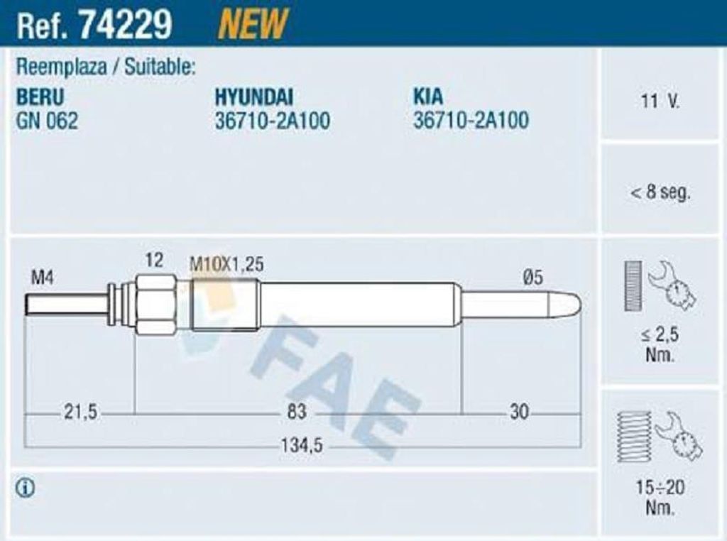 FAE 74229 Diesel Glühkerze für HYUNDAI GETZ (TB) M10x1,25
