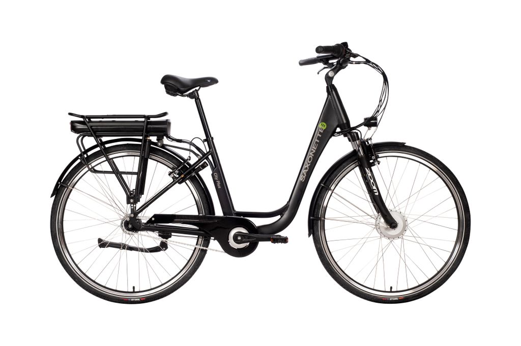A black electric bicycle is shown against a white background.