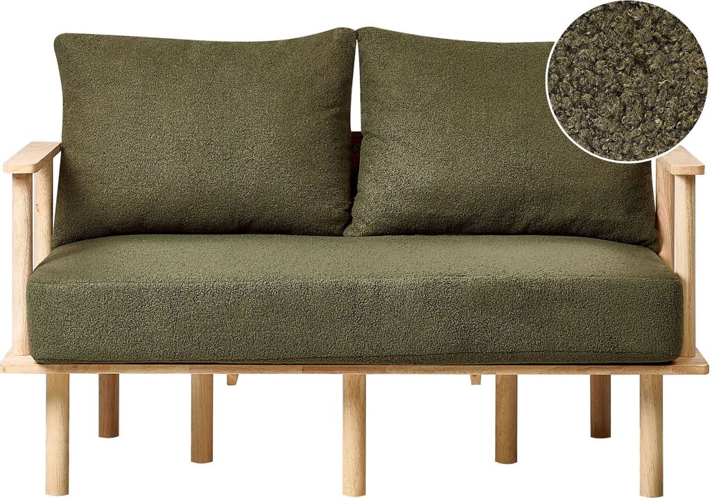 BELIANI 2-Sitzer Sofa Grün Stoffbezug mit Schmalen Armlehnen 2 Nackenrollen Helle Holzbeine Knopfheftung Lose Rückenkissen Freistellbar Wohnzimmer