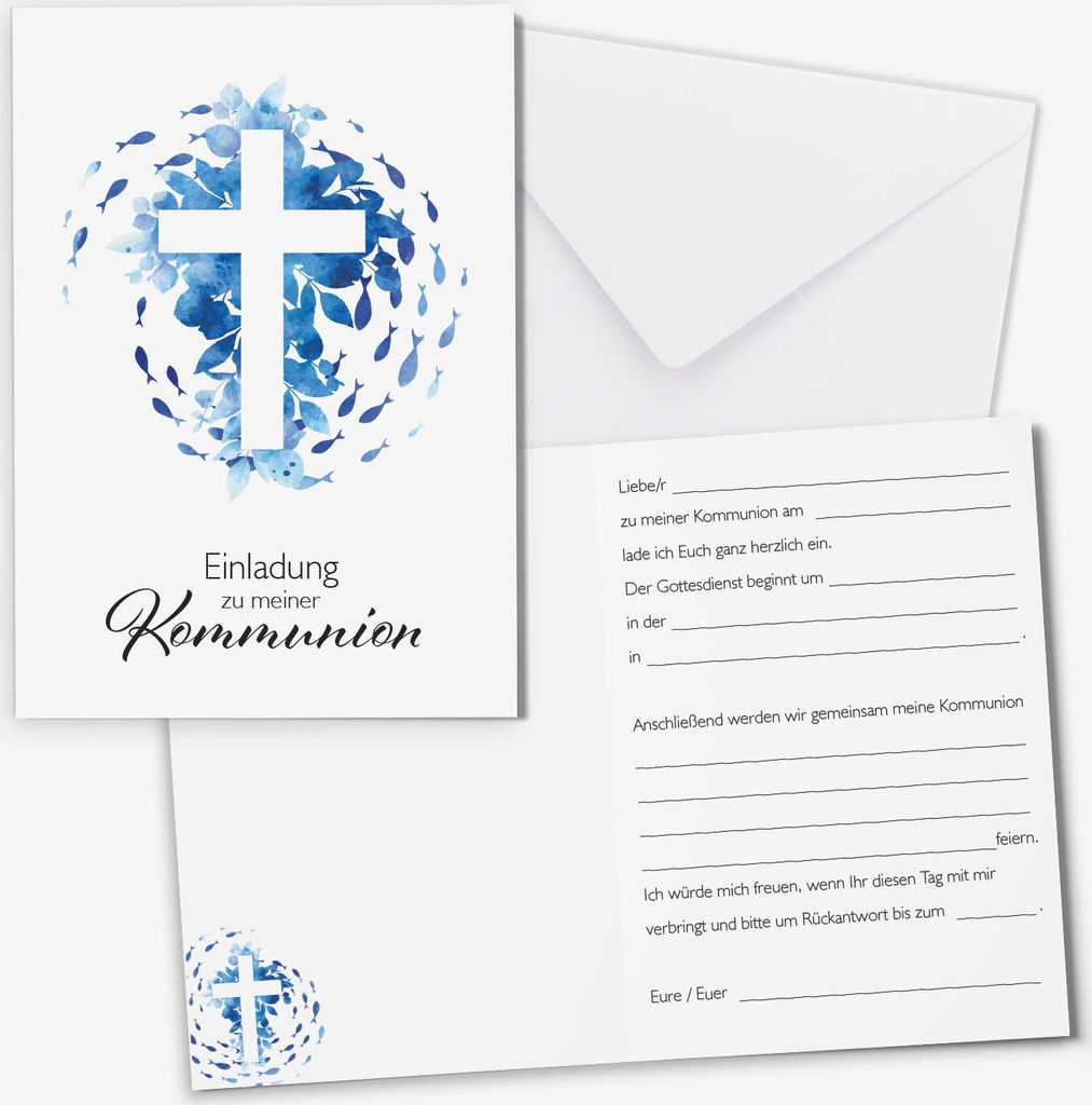 younikat Einladungskarten Kommunion I 15 Stück DIN A6 (10,5 x 14,8 cm) I zum Ausfüllen mit Lückentext I inkl. Umschlägen I Klappkarte Aquarell ...