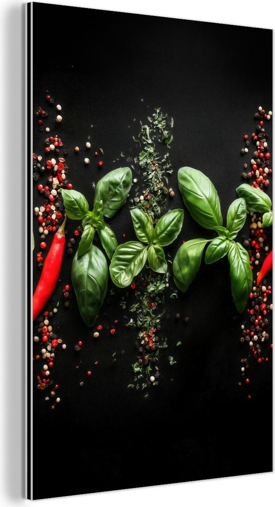 MuchoWow Wanddekoration Metall Metallbild Wandkunst 20x30 cm Chili - Basilikum - Blätter - Rot MuchoWow Aluminium Gemälde - Alu Dibond Bild