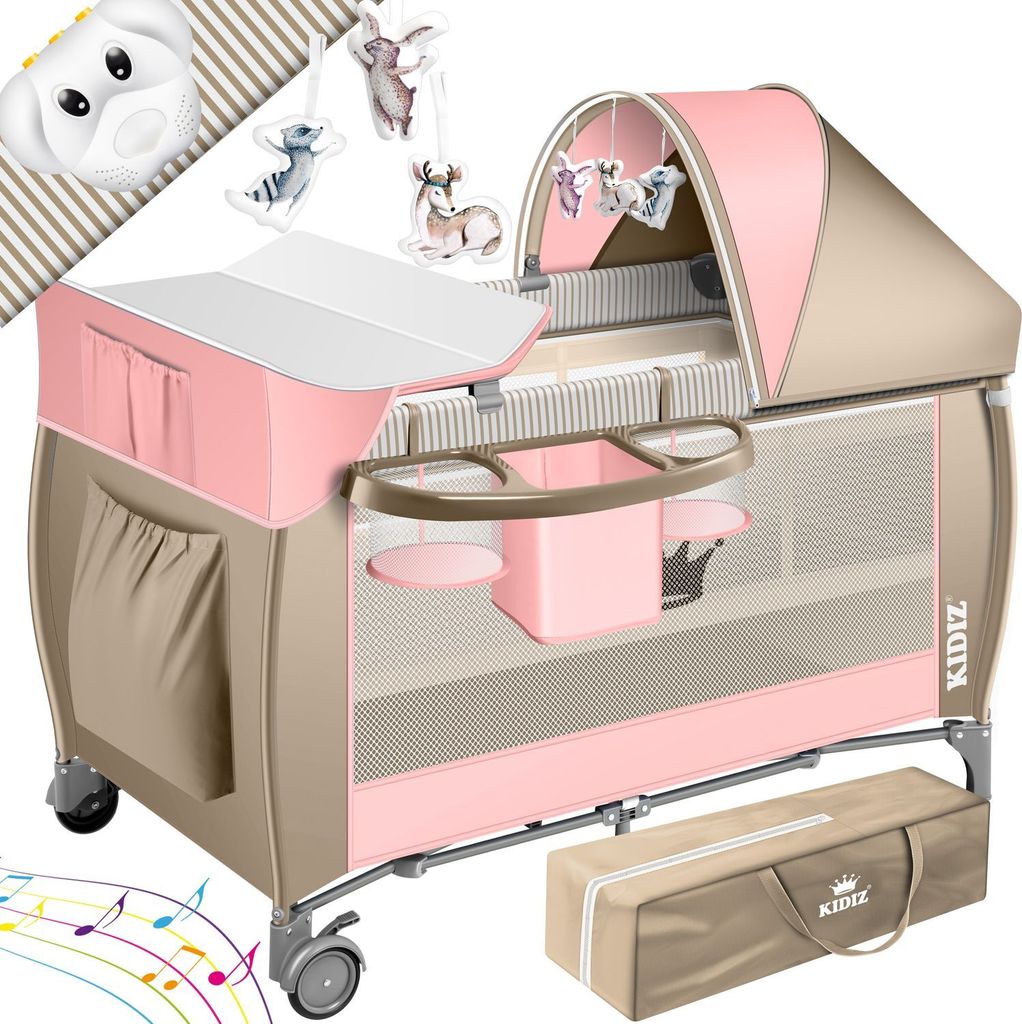 KIDIZ Babybett Reisebett Kinderreisebett Faltbar mit Matratze 120x60, Seiteneingang, Wickelauflage, Mosktionetz, Spielbogen & Tragetasche Baby Be...