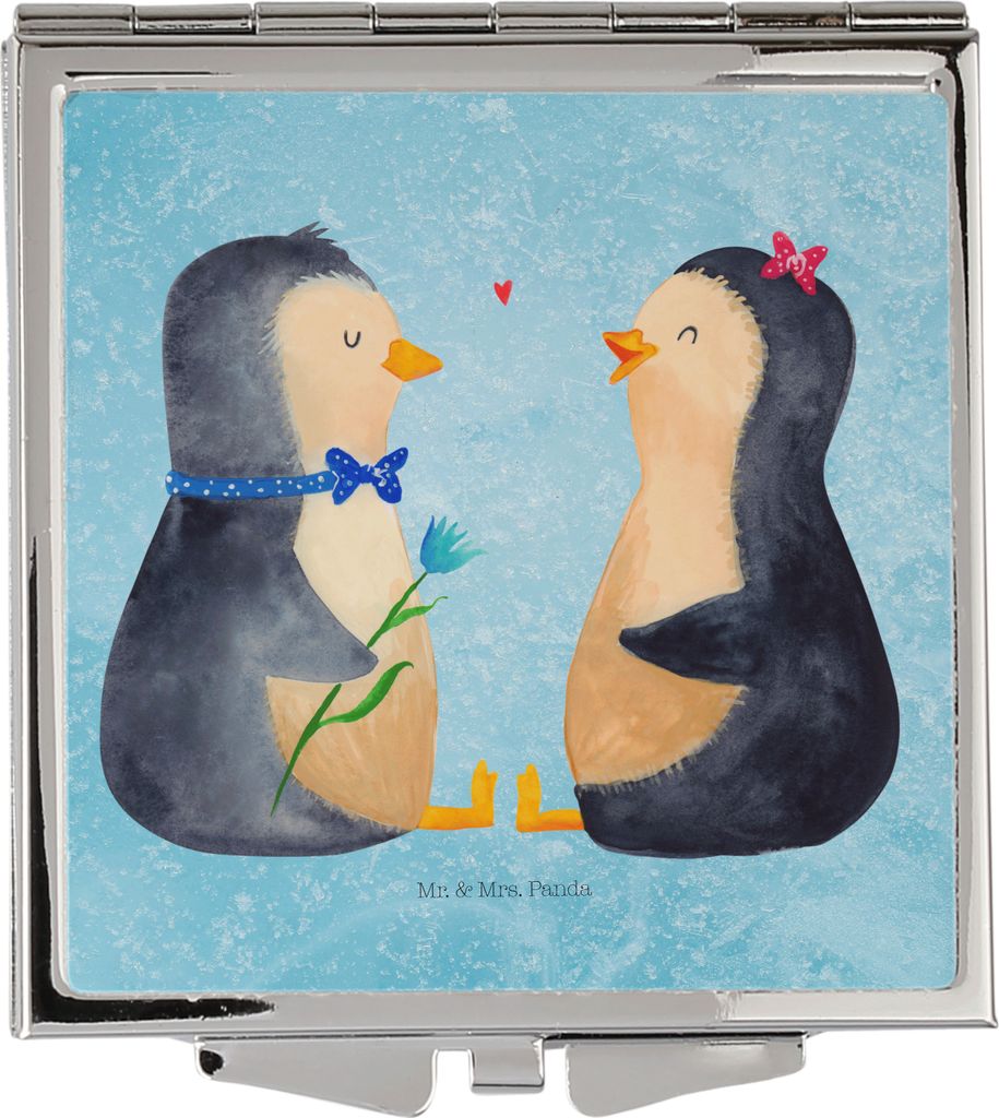 Mr. & Mrs. Panda Schminkspiegel Pinguin Pärchen - Eisblau - Geschenk, Liebe, Kleiner Spiegel, Hochzeitsgeschenk, Kosmetikspiegel, Hochzeit, Tasche...