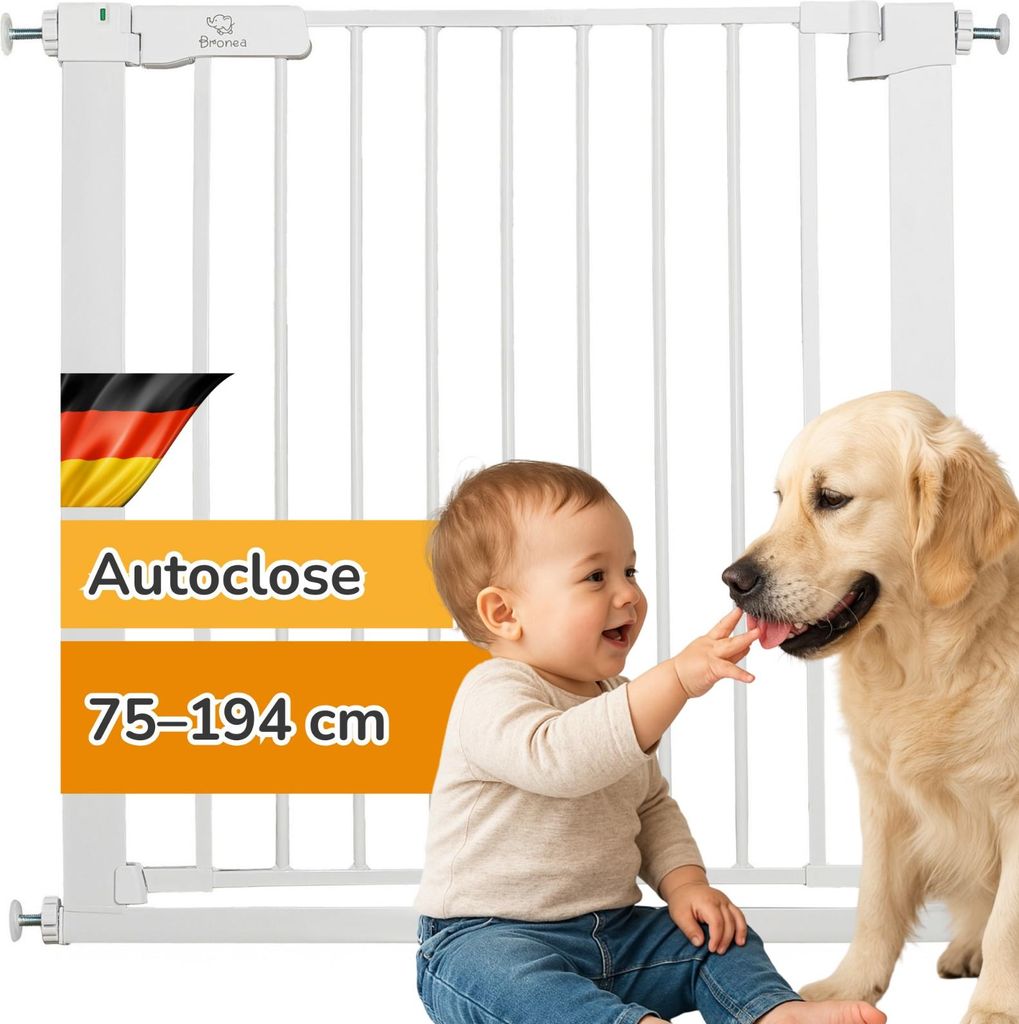 BRONEA LUCA Treppengitter ohne Bohren | Türgitter & Treppenschutzgitter zum Klemmen | verlängerbar 75-194 cm | Auto-Close, 90° Stopp, beidseit...