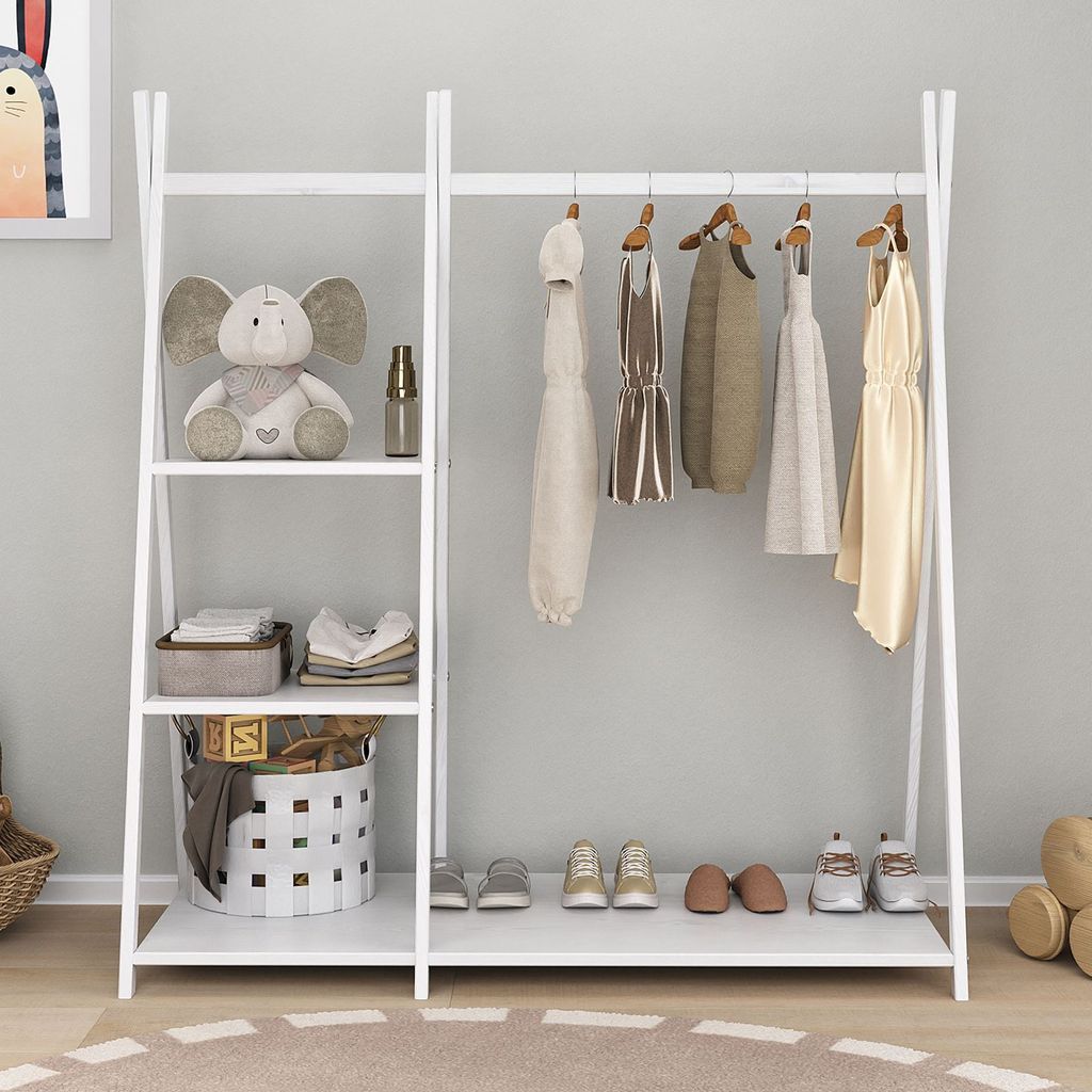 Kindergarderobe LOTTE mit 1 Kleiderstange & 4 Ablageböden in weiß lackiert. Montessori Design, freistehender Kleiderständer für Kinderzimmer au...