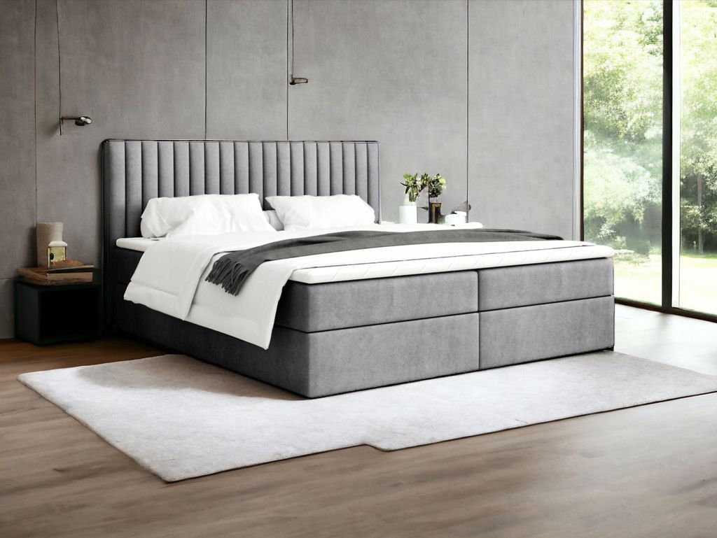 Boxspringbett MONACO 180 cm x 200 cm AMOR VELVET 18 Hellgrau Bett mit zwei Bettkästen und H2 Matratze,Komplett-Set mit Matratze und Topper,