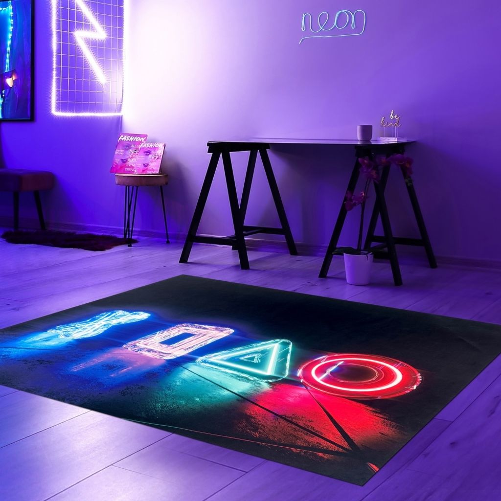 Gamingteppich rutschfest mit Neonfarbenen Symbolen als Muster Größe - 100 x 150 cm