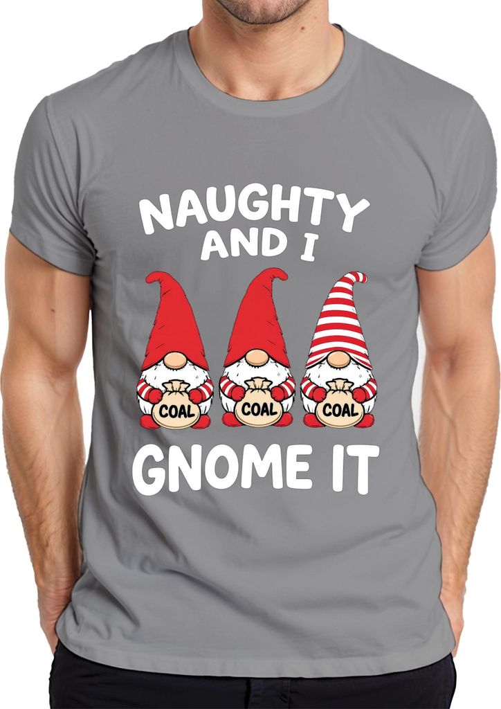Naughty And I Gnome It Weihnachtsgnom Wichtel Nikolaus Lustig Herren T-Shirt, Grau, M