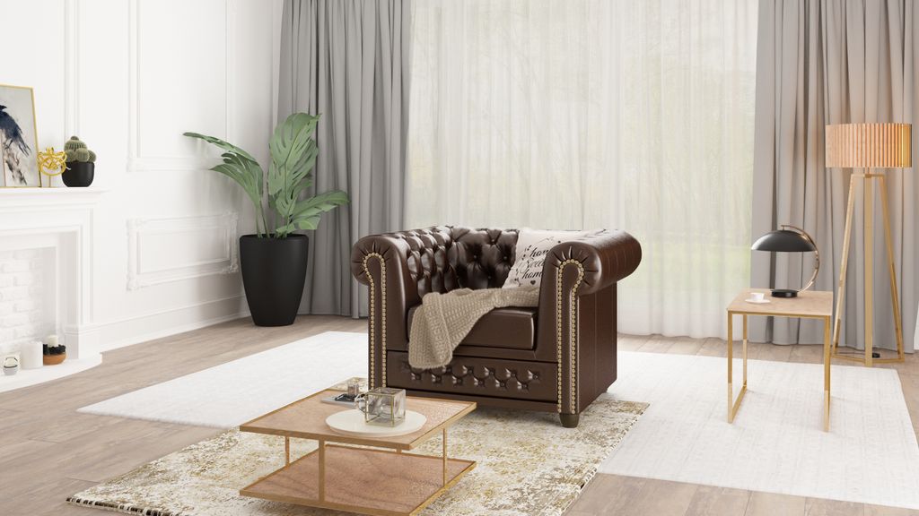 S-STYLE MÖBEL - Chesterfield Sessel aus Braun veganem Leder mit Holzfüßen - Area - B94xT86xH72 cm
