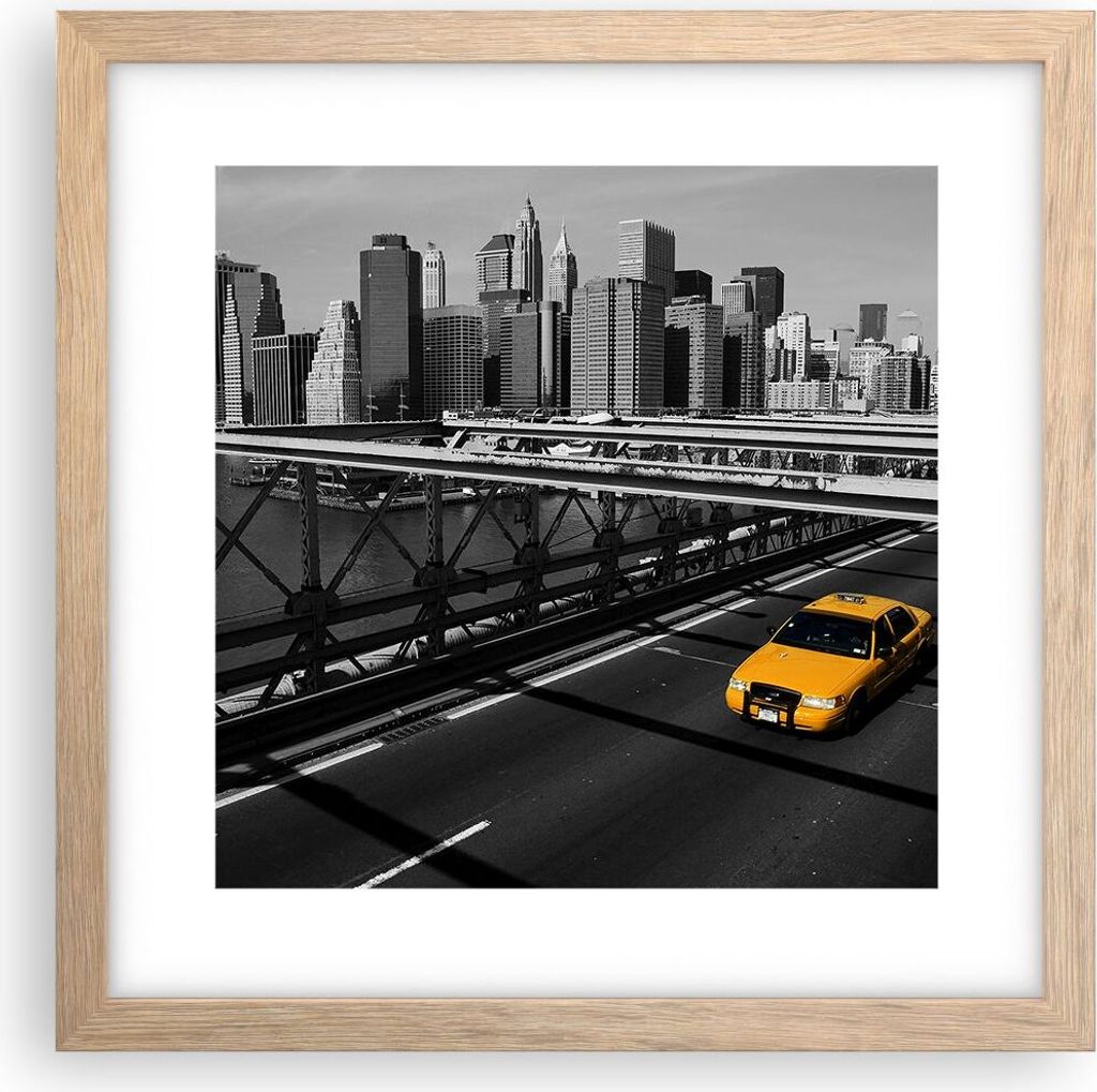 Gerahmtes Poster - Rahmen in heller Eiche - New York Manhattan Brooklyn Brücke Taxi - 30x30 cm - Wand Bild - Wanddeko - Wandbilder - Wandposter - ...