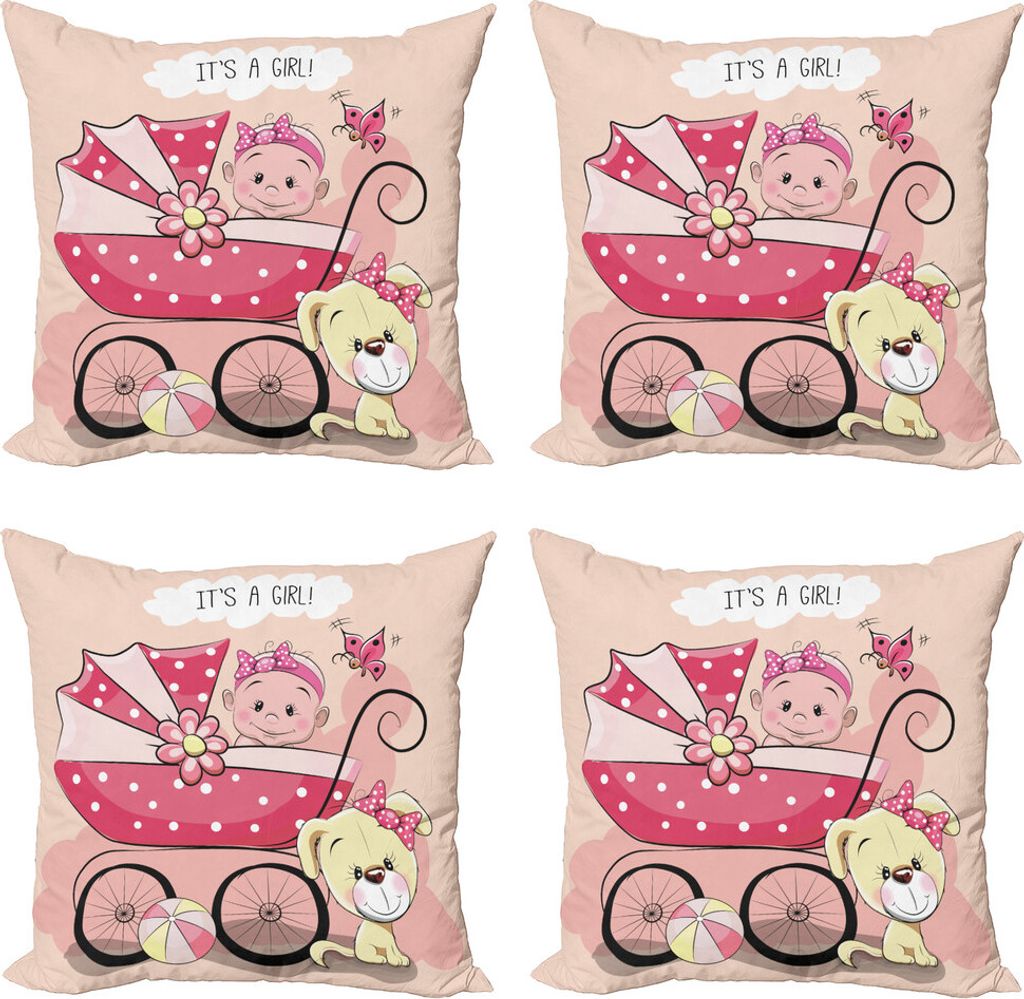 ABAKUHAUS Geschlecht decken Kissenbezug Set (4 Stück), Welpen-Wagen, Moderner Doppelseitiger Digitaldruck, 45 cm x 45 cm, Blassgelb und Rosa