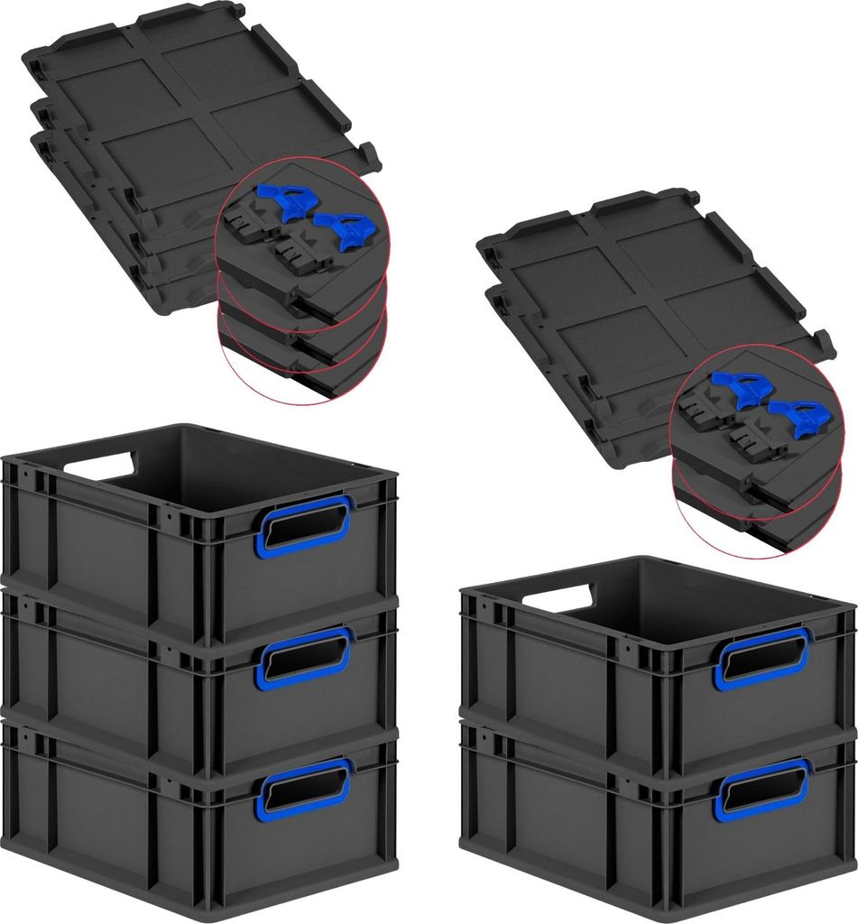 SuperSparSet 5x Eurobox NextGen Color mit Scharnierdeckel und Schiebeschnappverschlüssen | HxBxT 17x30x40cm | 16 Liter | Schwarz | Griffe blau off...