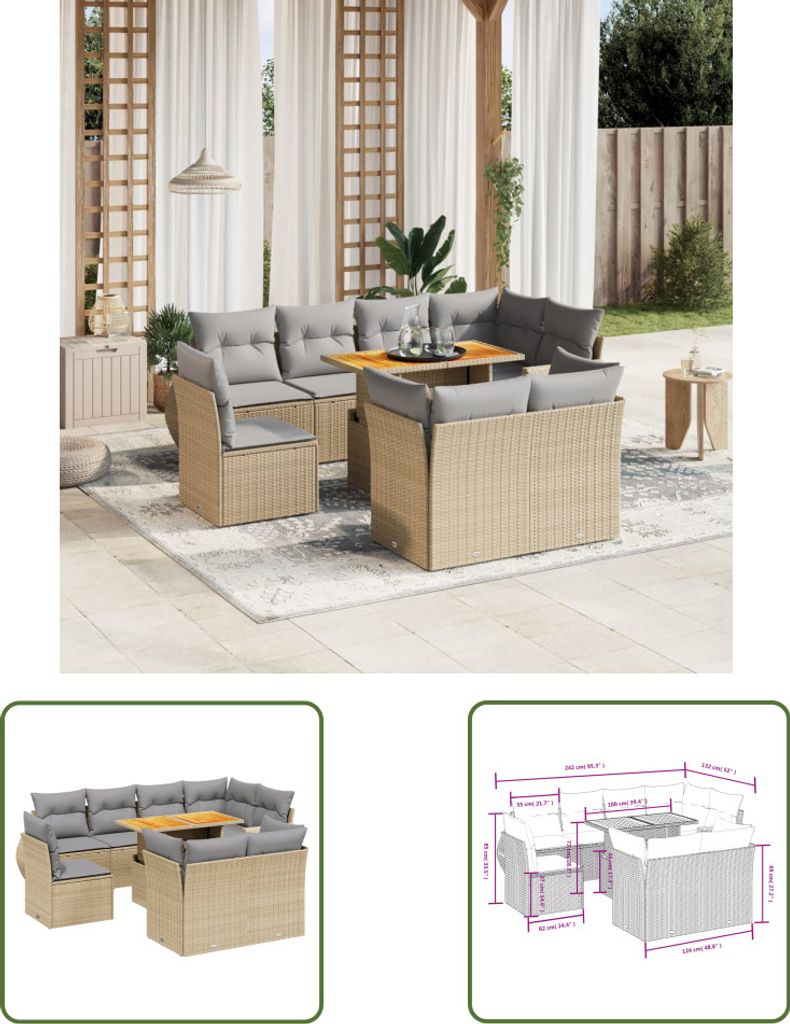 The Living Store 9-tlg. Garten-Sofagarnitur mit Kissen Beige Poly Rattan