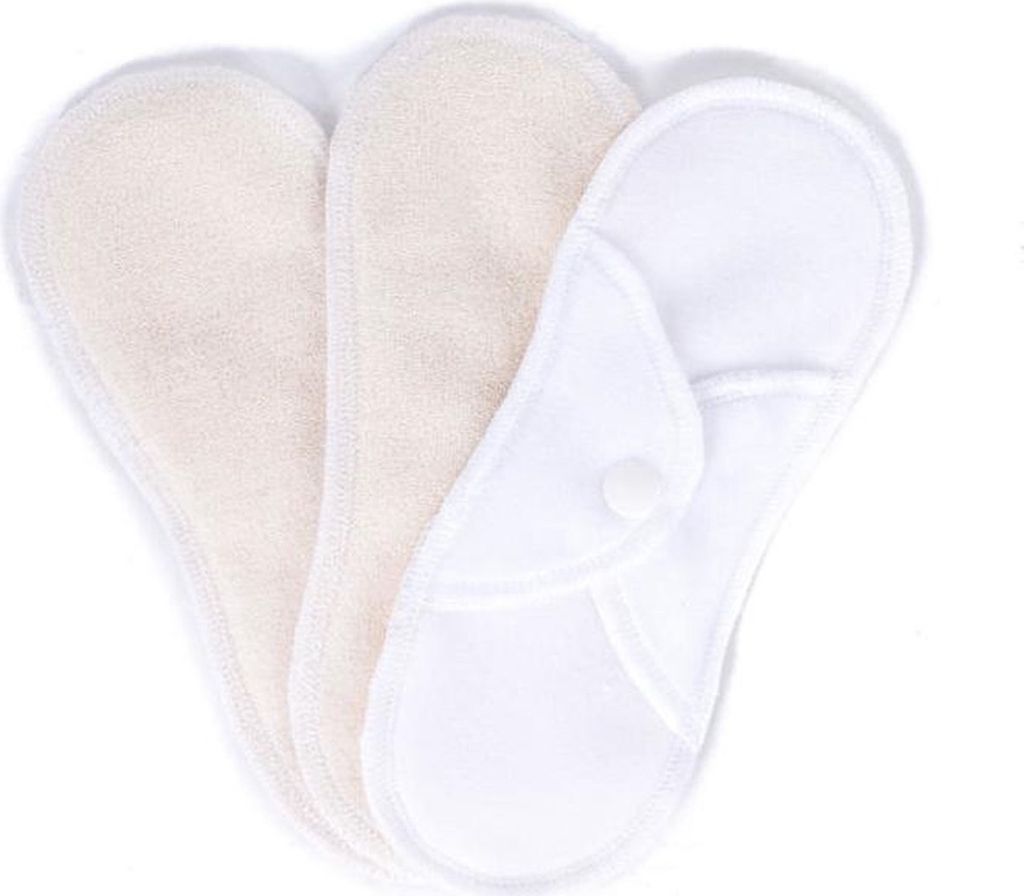 Three reusable sanitary pads are arranged in a fan shape against a white background.